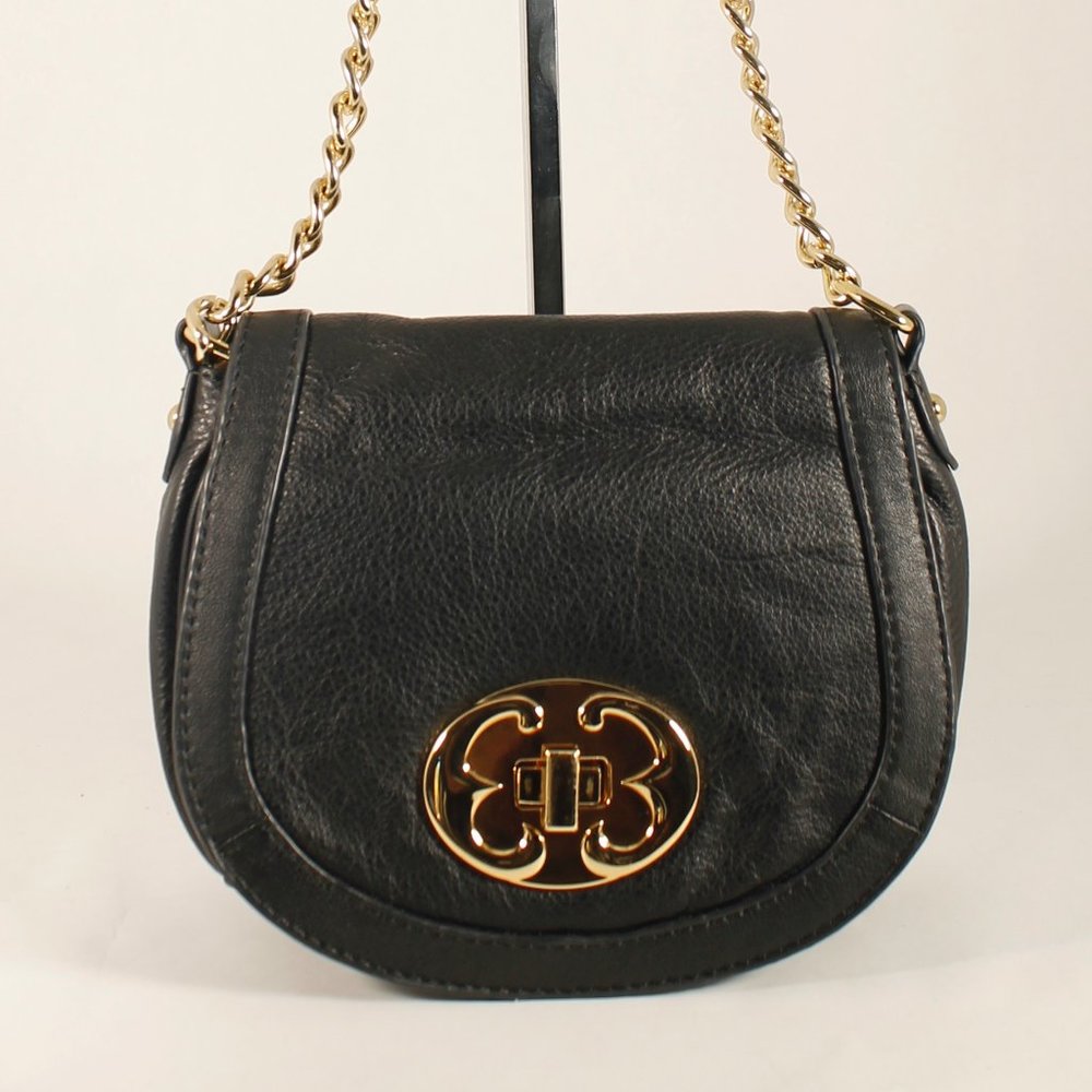 EMMA FOX Black Leather Newport Crossbody, Gold Hardware, Cute Yellow Lining